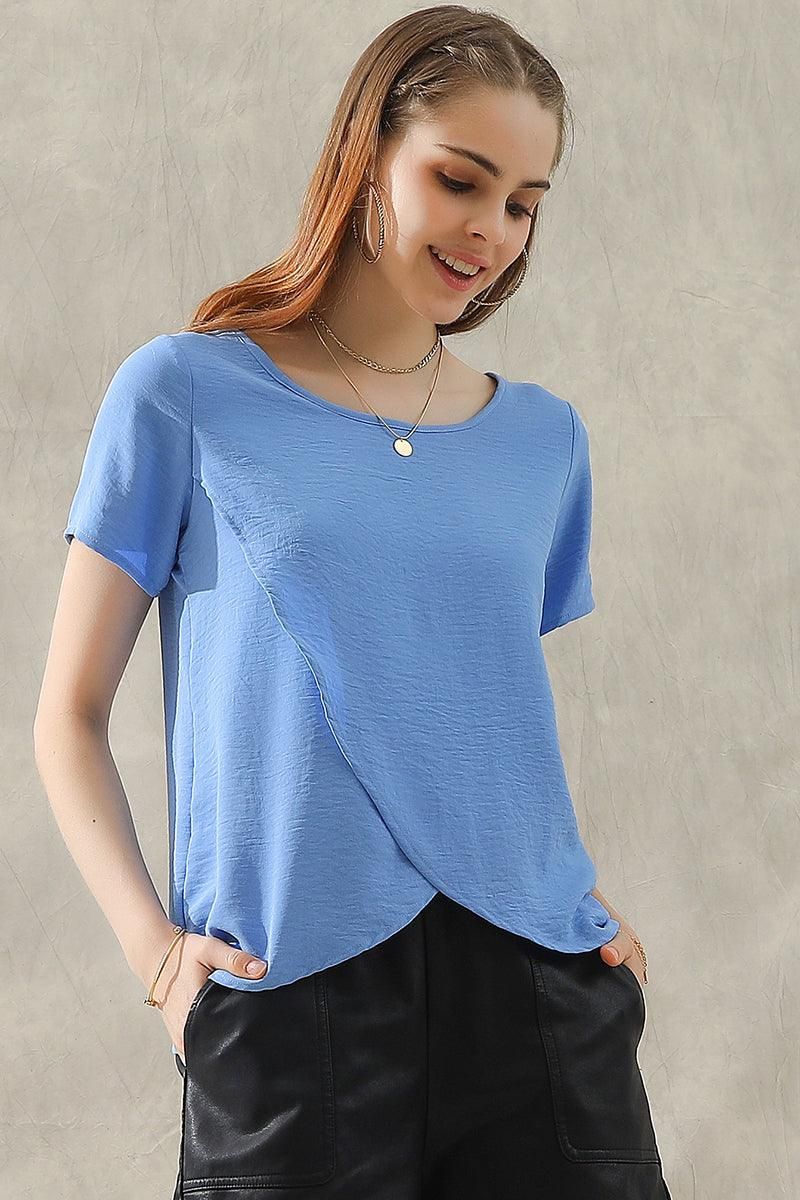 ROUND NECK SHORT SLEEVE TUNIC BLOUSE TOP - Doublju