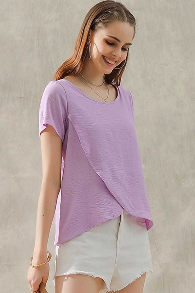 ROUND NECK SHORT SLEEVE TUNIC BLOUSE TOP - Doublju