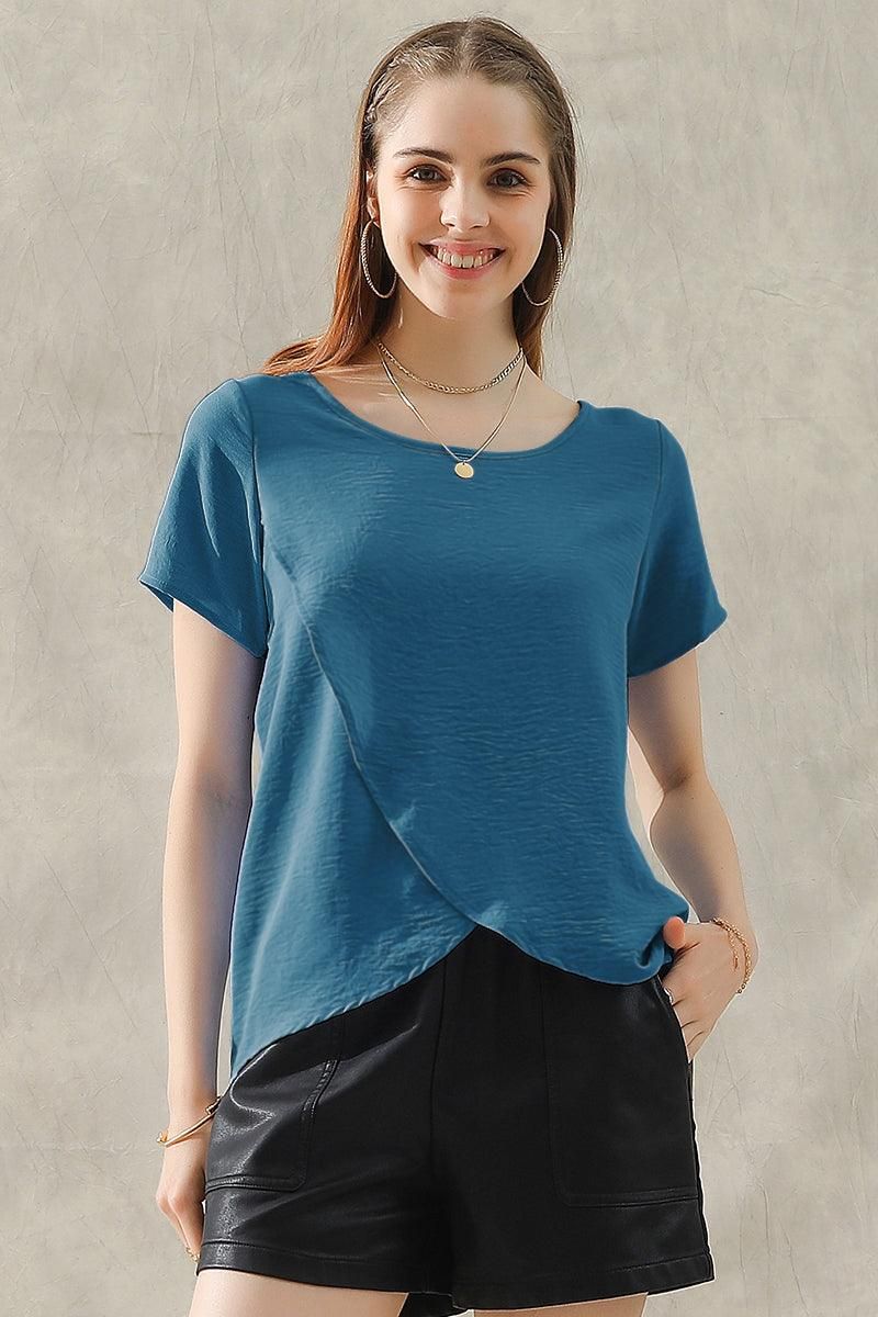 ROUND NECK SHORT SLEEVE TUNIC BLOUSE TOP - Doublju