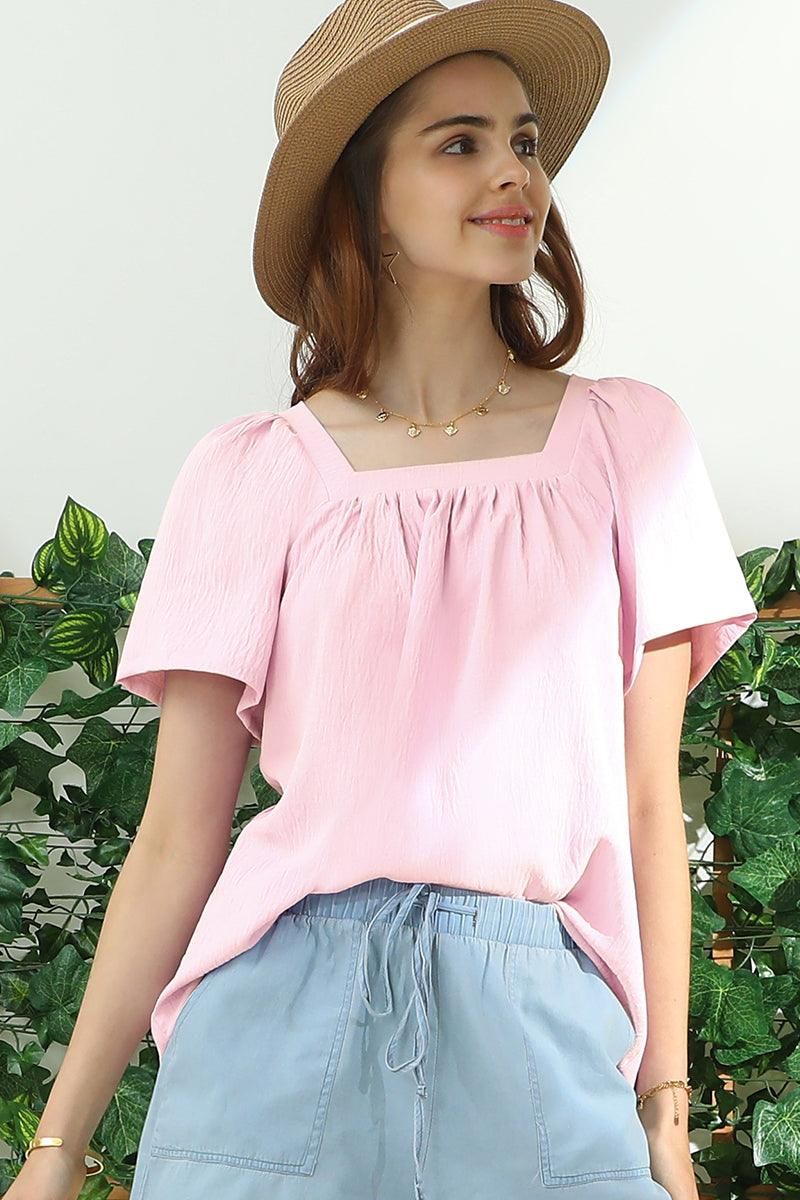 SQURE NECK RUFFLE NECK SHORT SLEEVE BLOUSE TOP - Doublju