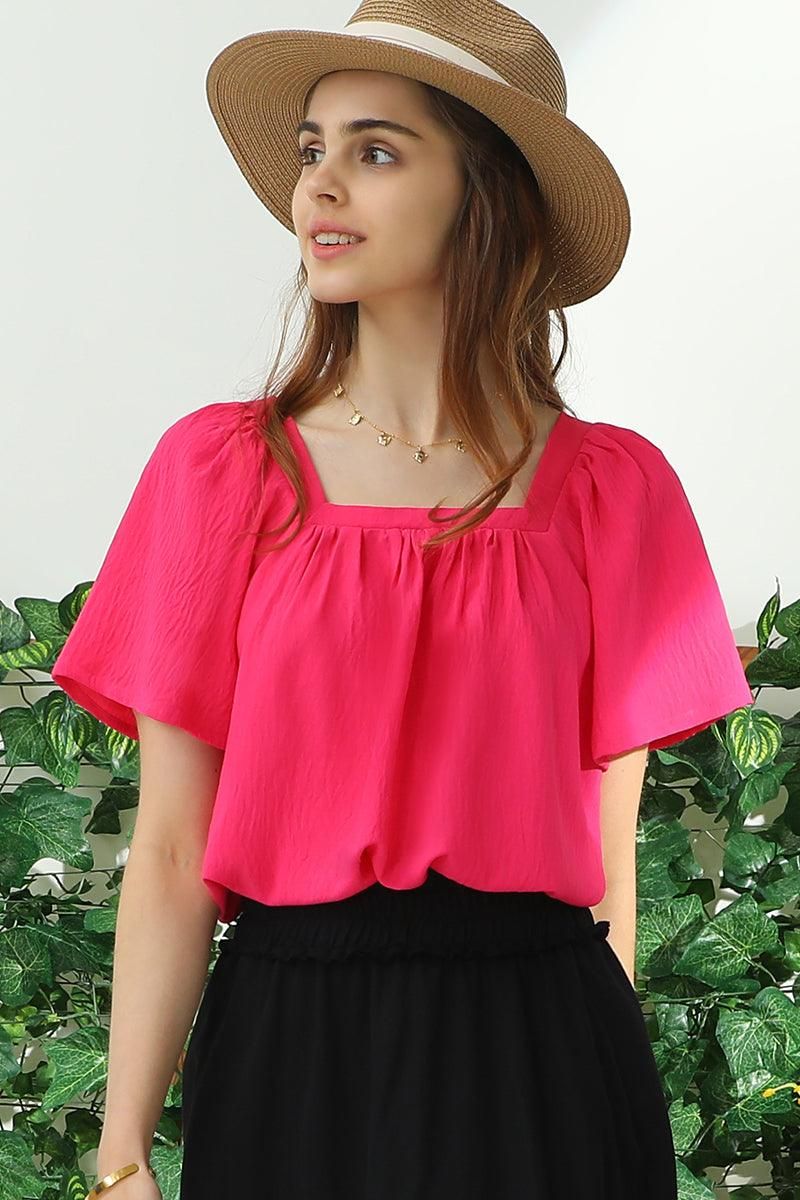 SQURE NECK RUFFLE NECK SHORT SLEEVE BLOUSE TOP - Doublju