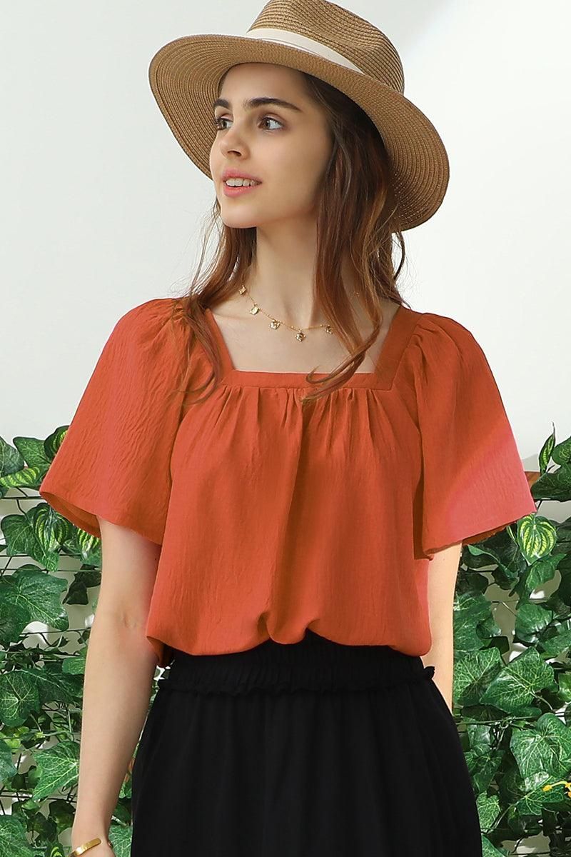 SQURE NECK RUFFLE NECK SHORT SLEEVE BLOUSE TOP - Doublju