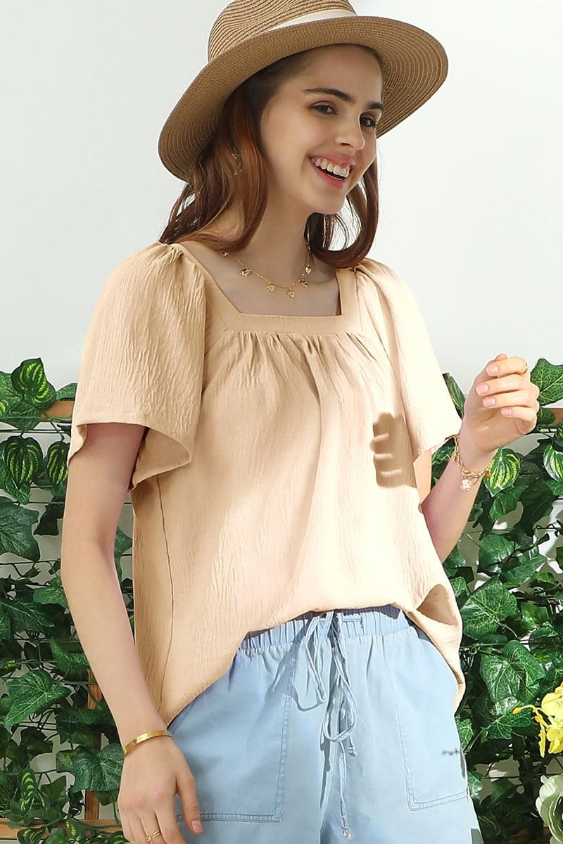 SQURE NECK RUFFLE NECK SHORT SLEEVE BLOUSE TOP - Doublju