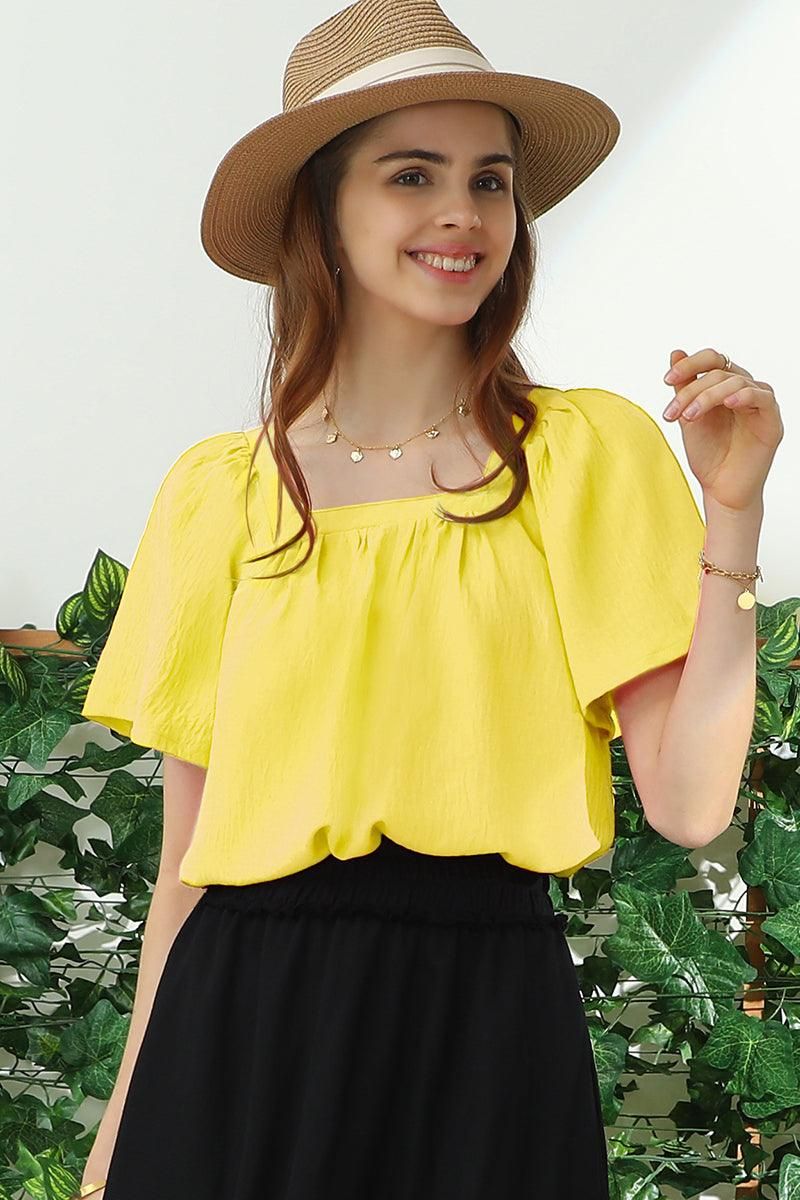 SQURE NECK RUFFLE NECK SHORT SLEEVE BLOUSE TOP - Doublju