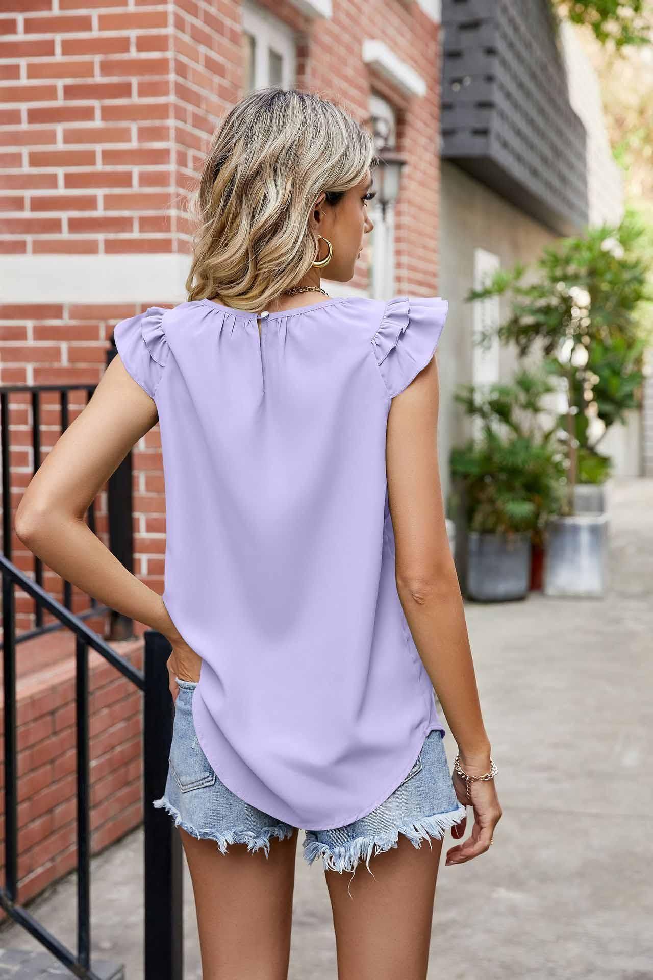 RUFFLED FRILL ROUND NECK CHIFFON TUNIC TOP - Doublju