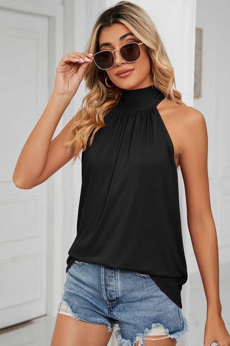 PLEATED HALTER NECK LOOSE TUNIC TOP - Doublju