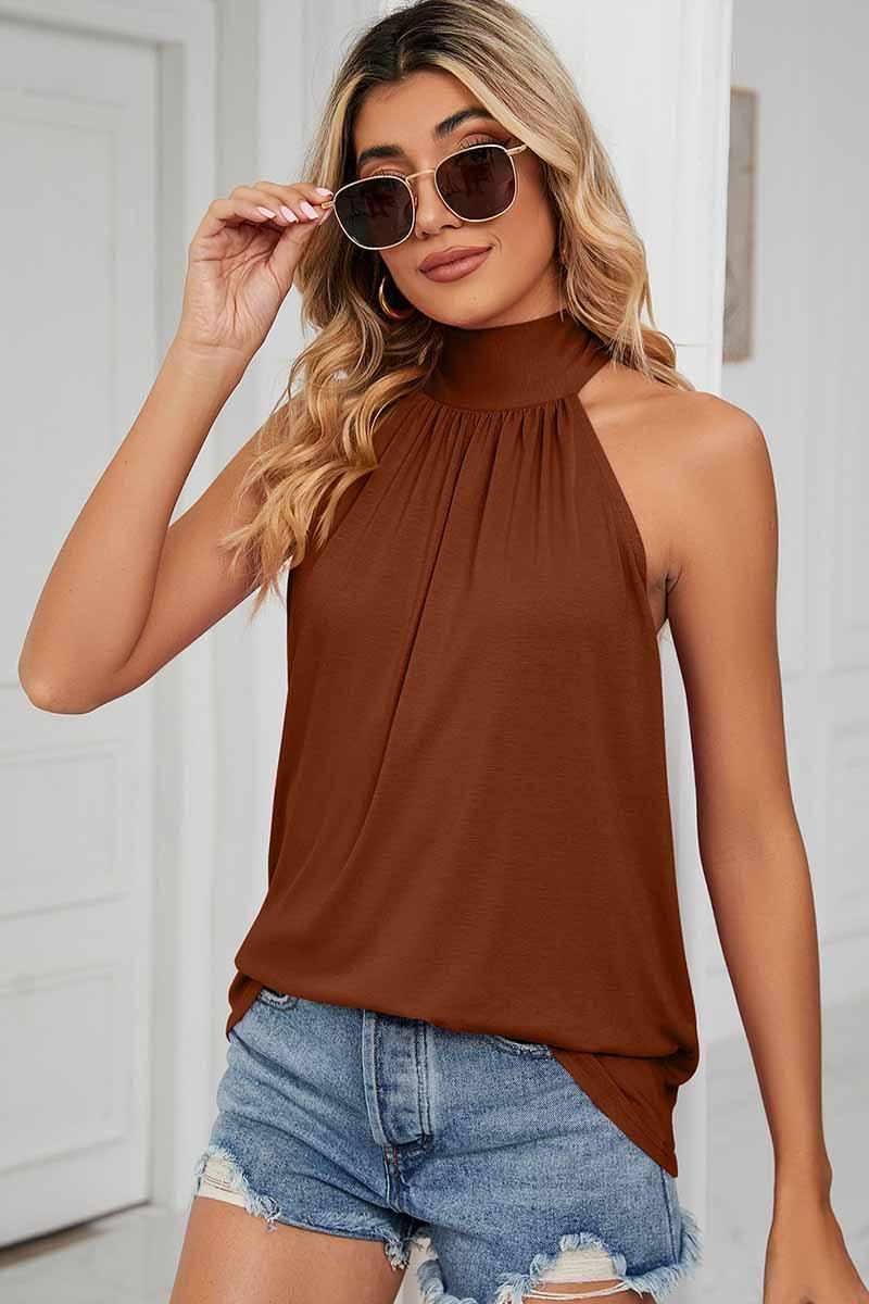 PLEATED HALTER NECK LOOSE TUNIC TOP - Doublju