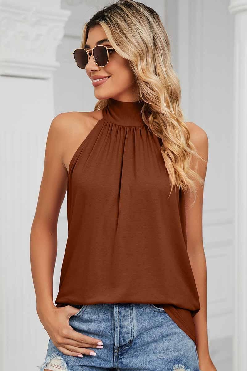 PLEATED HALTER NECK LOOSE TUNIC TOP - Doublju