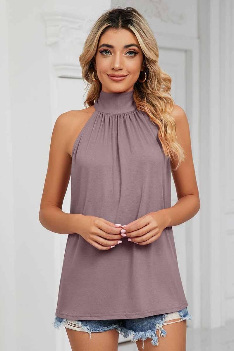 PLEATED HALTER NECK LOOSE TUNIC TOP - Doublju