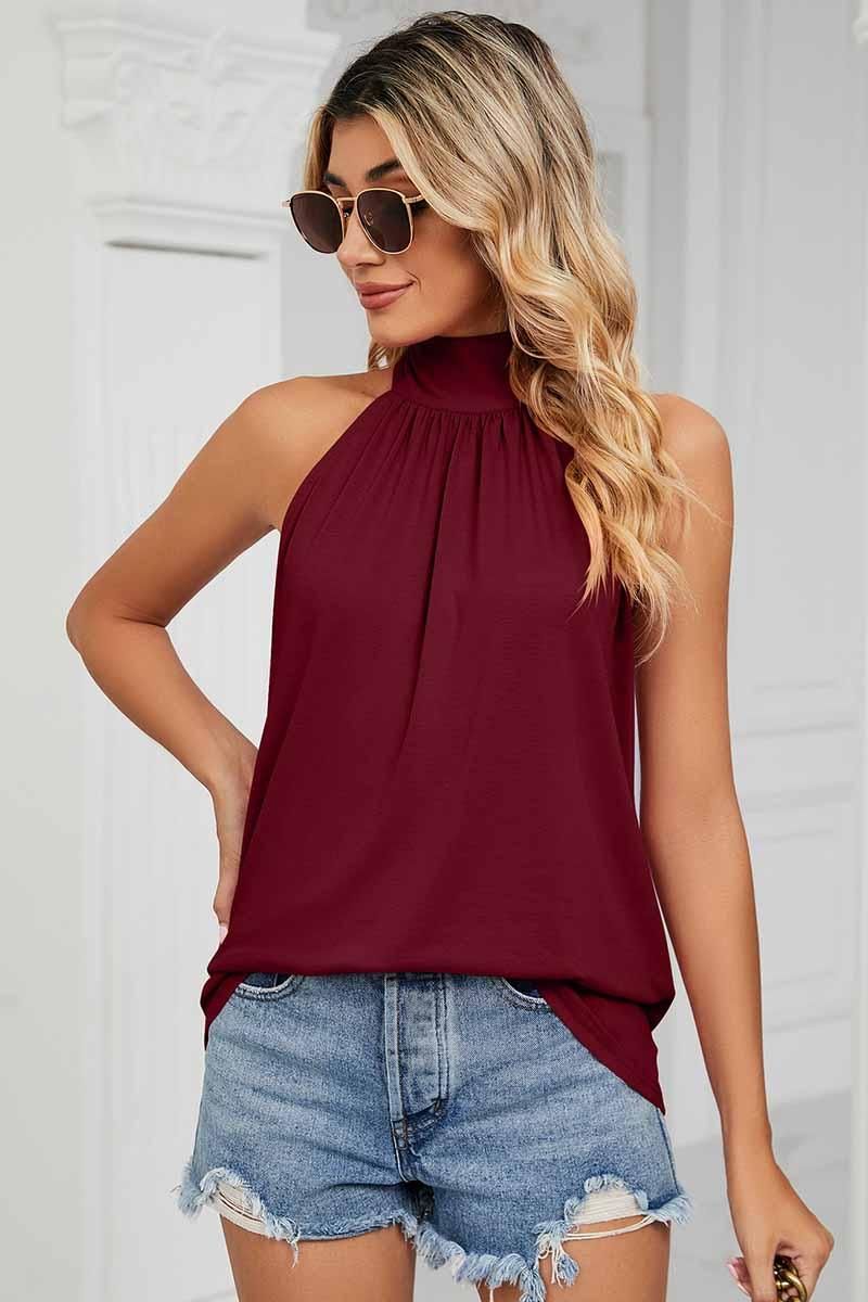 PLEATED HALTER NECK LOOSE TUNIC TOP - Doublju