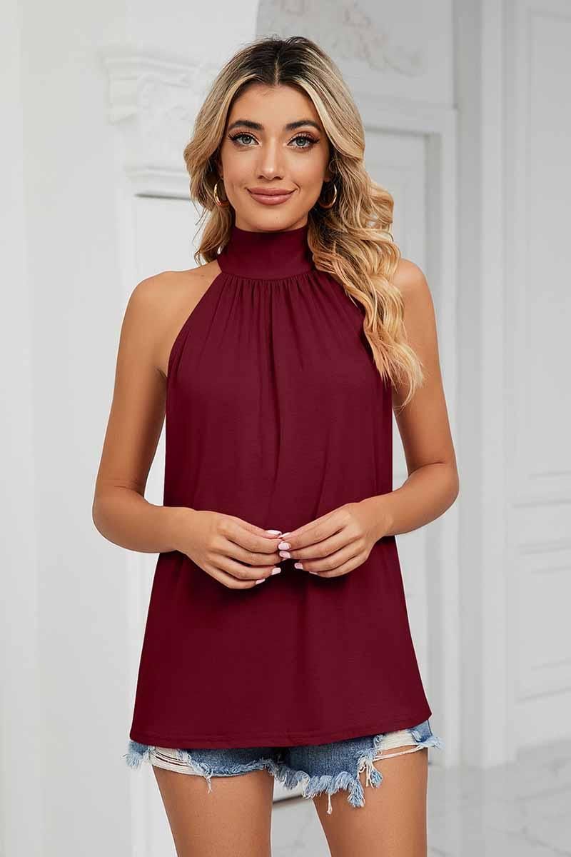 PLEATED HALTER NECK LOOSE TUNIC TOP - Doublju