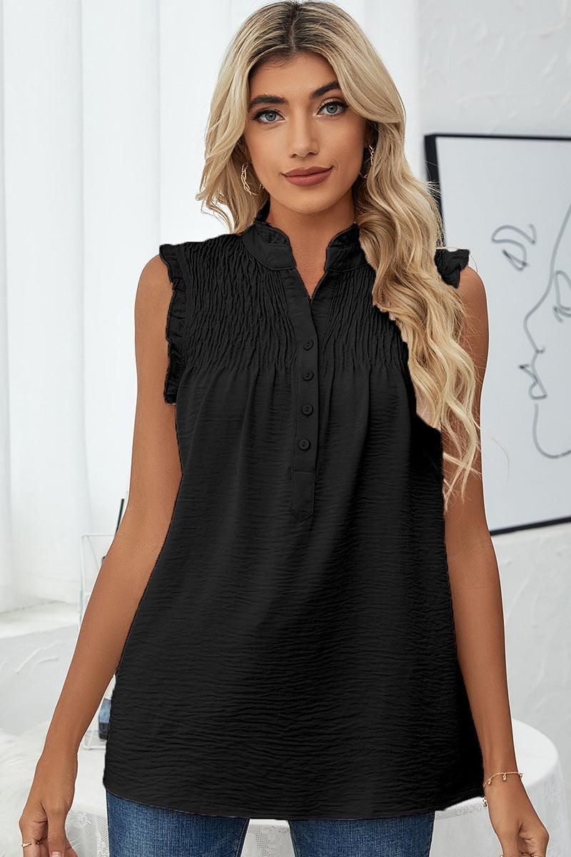 HIGH NECK BUTTON UP FRILL SLEEVELESS LOOSE TOP - Doublju