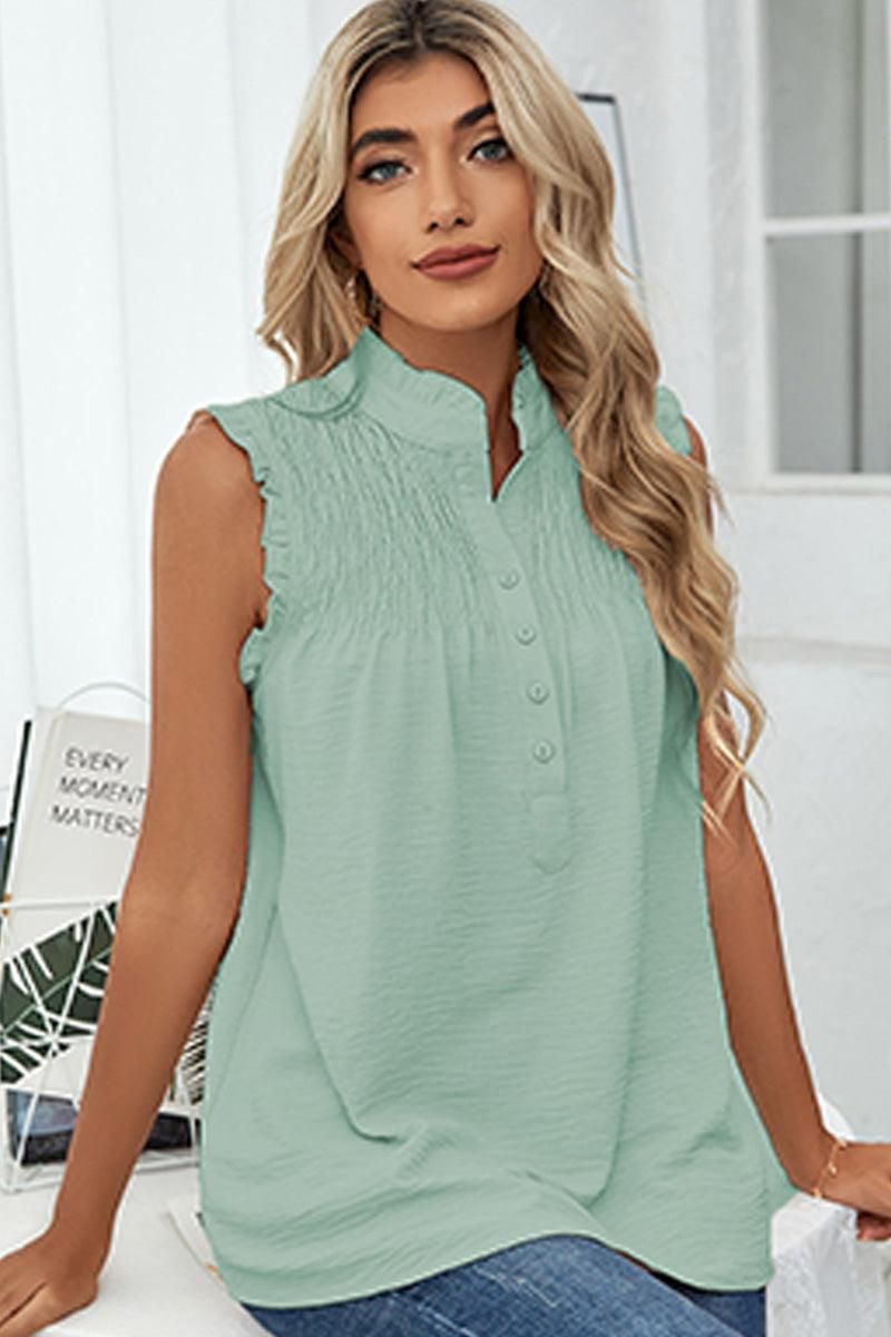 HIGH NECK BUTTON UP FRILL SLEEVELESS LOOSE TOP - Doublju