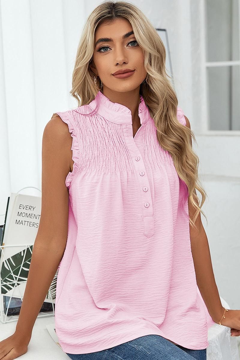 HIGH NECK BUTTON UP FRILL SLEEVELESS LOOSE TOP - Doublju