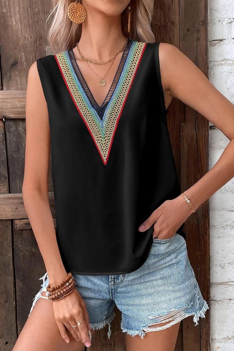 MULTICOLOR LACE V NECK SLEEVELESS BLOUSE - Doublju