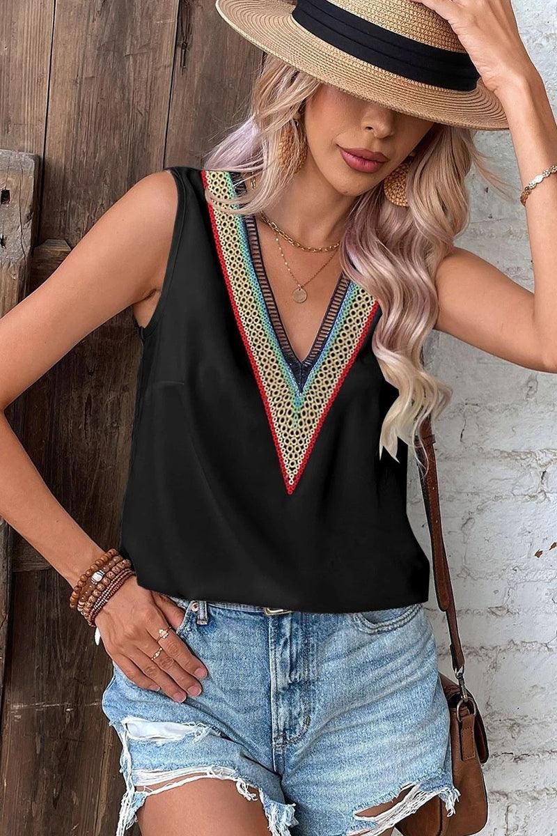 MULTICOLOR LACE V NECK SLEEVELESS BLOUSE - Doublju