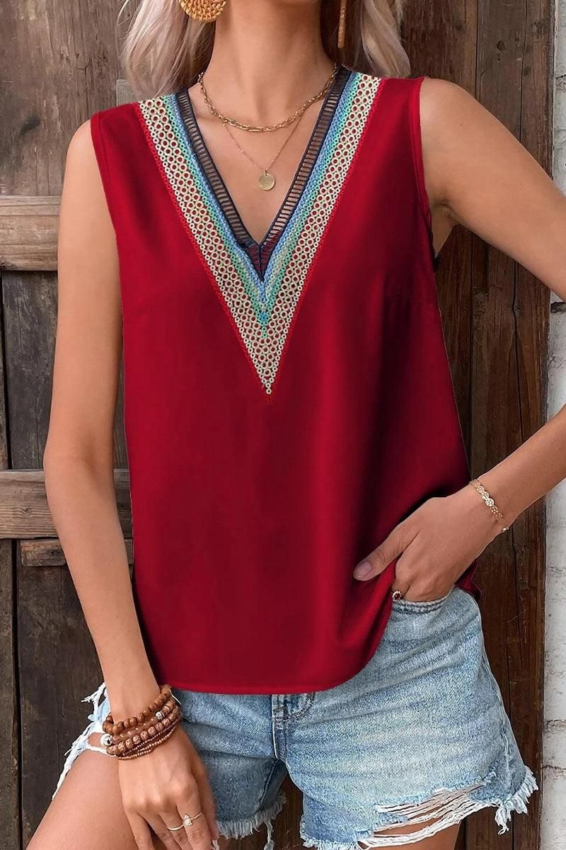 MULTICOLOR LACE V NECK SLEEVELESS BLOUSE - Doublju