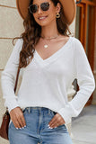 WOMEN RIBBED V NECK LOOSE FIT KNITTED SWEATSHIRT