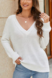 WOMEN RIBBED V NECK LOOSE FIT KNITTED SWEATSHIRT