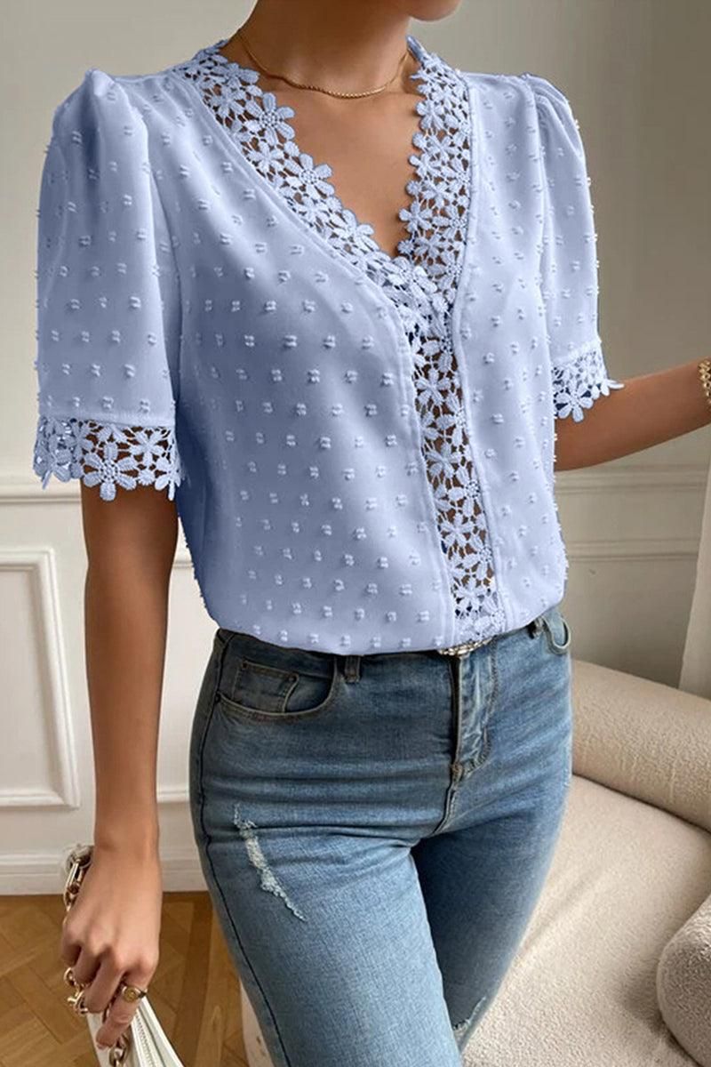 LACE DETAILED SWISS DOT WOMEN BLOUSE - Doublju