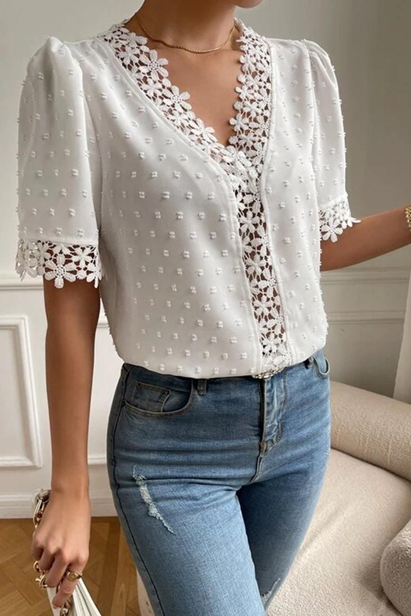 LACE DETAILED SWISS DOT WOMEN BLOUSE - Doublju