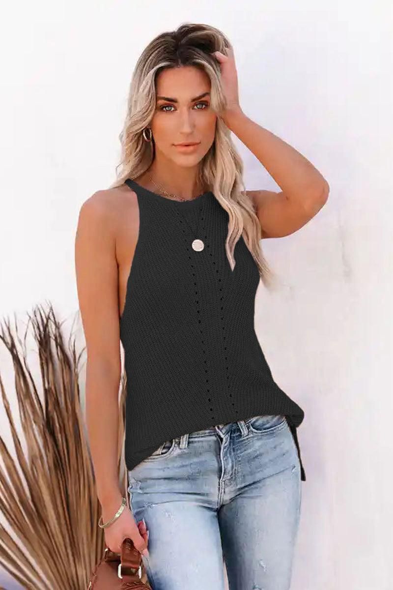 WOMEN SPAGHETTI EYELET KNIT TANK T SHIRT - Doublju