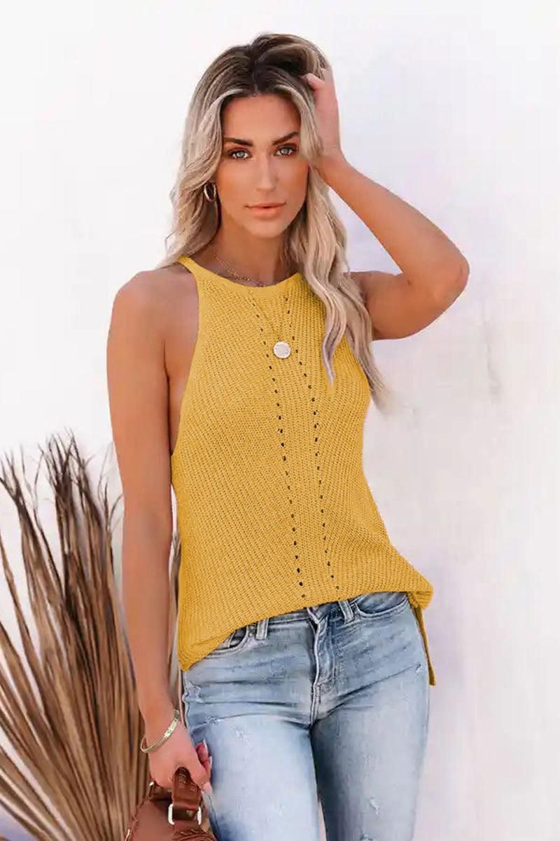 WOMEN SPAGHETTI EYELET KNIT TANK T SHIRT - Doublju