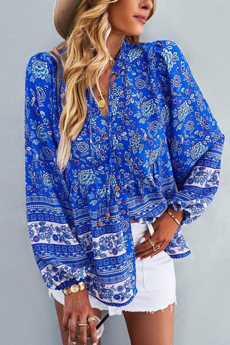 FLORAL PATTERNED BUTTON DOWN TUNIC SHIRTS - Doublju