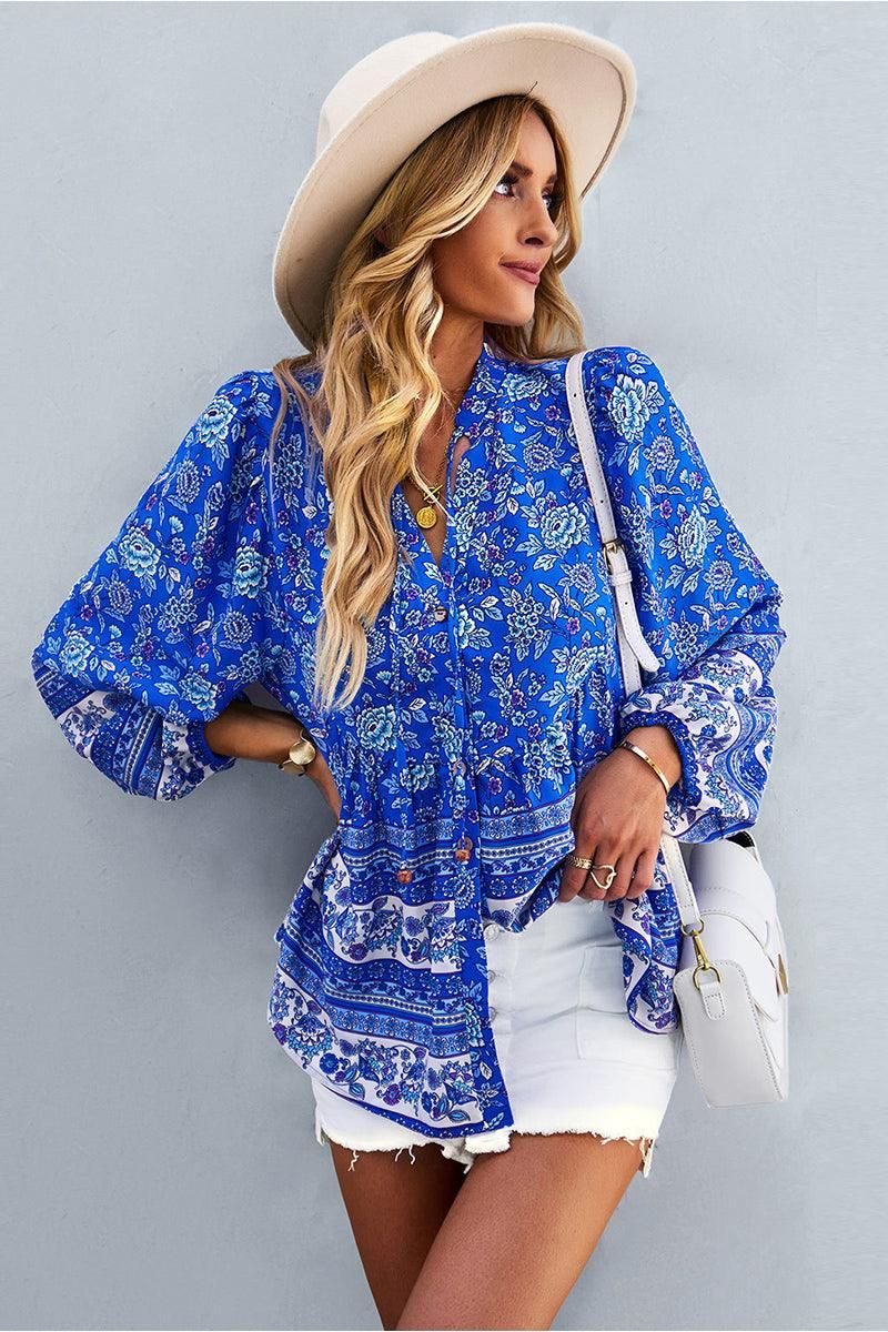 FLORAL PATTERNED BUTTON DOWN TUNIC SHIRTS - Doublju