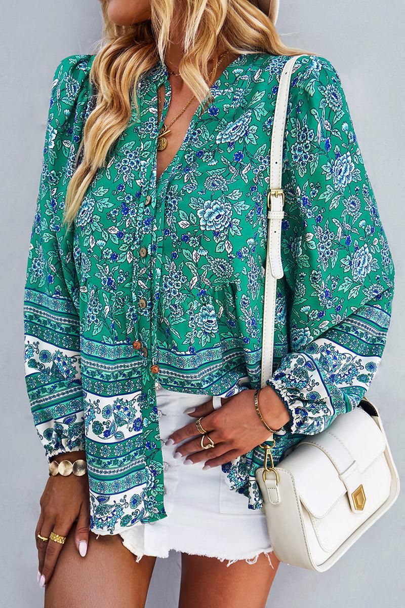 FLORAL PATTERNED BUTTON DOWN TUNIC SHIRTS - Doublju