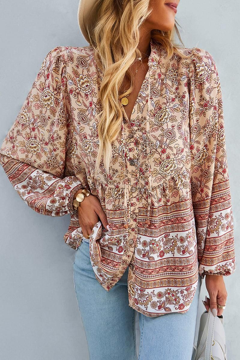 FLORAL PATTERNED BUTTON DOWN TUNIC SHIRTS - Doublju