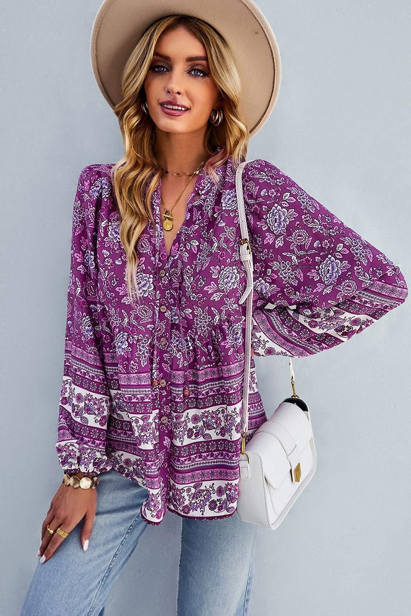 FLORAL PATTERNED BUTTON DOWN TUNIC SHIRTS - Doublju