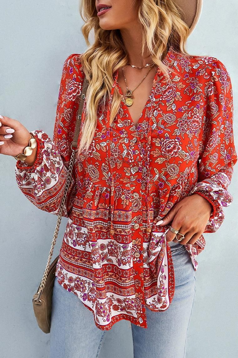 FLORAL PATTERNED BUTTON DOWN TUNIC SHIRTS - Doublju