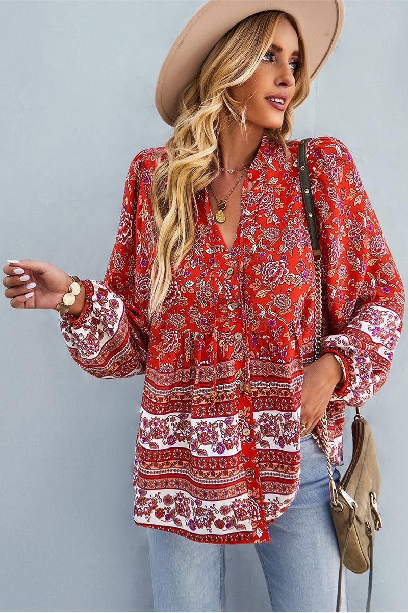 FLORAL PATTERNED BUTTON DOWN TUNIC SHIRTS - Doublju