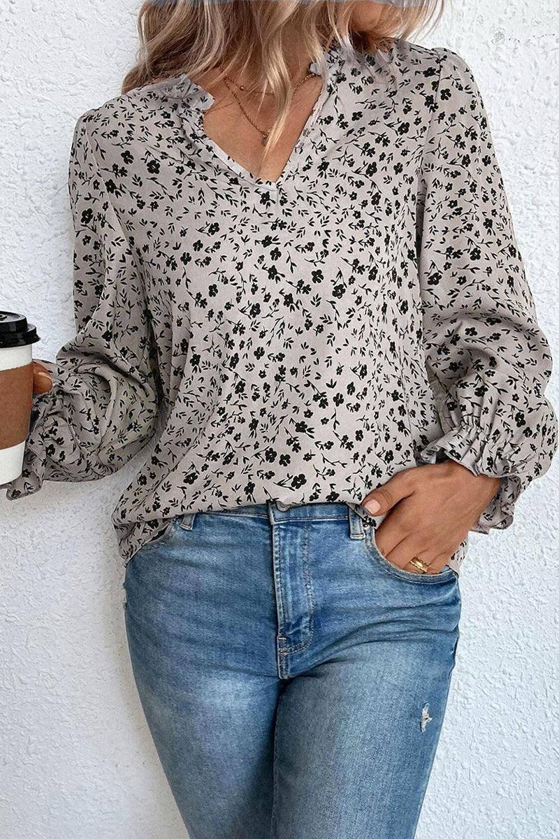 WOMEN RUFFLED SLEEVE V NECK FLORAL BLOUSE TOP - Doublju