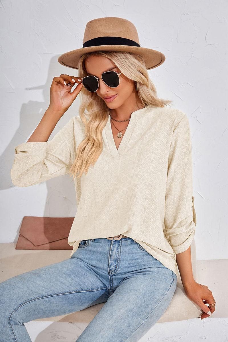 THREE QUARTER SLEEVE V NECK TOP - Doublju