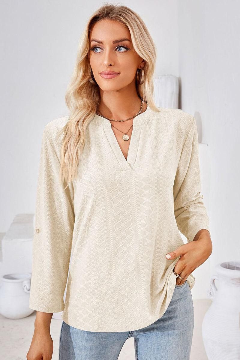 THREE QUARTER SLEEVE V NECK TOP - Doublju