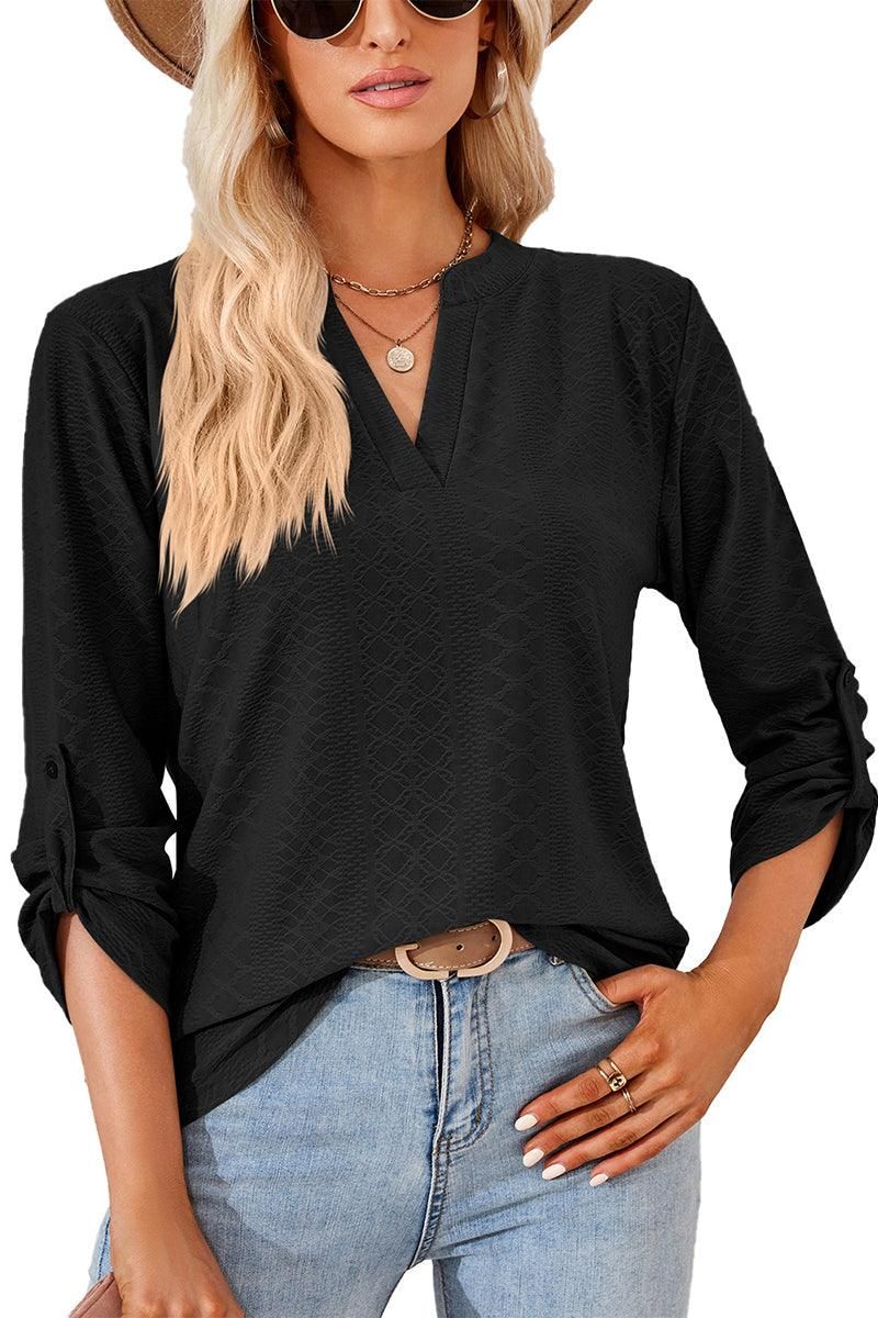 THREE QUARTER SLEEVE V NECK TOP - Doublju