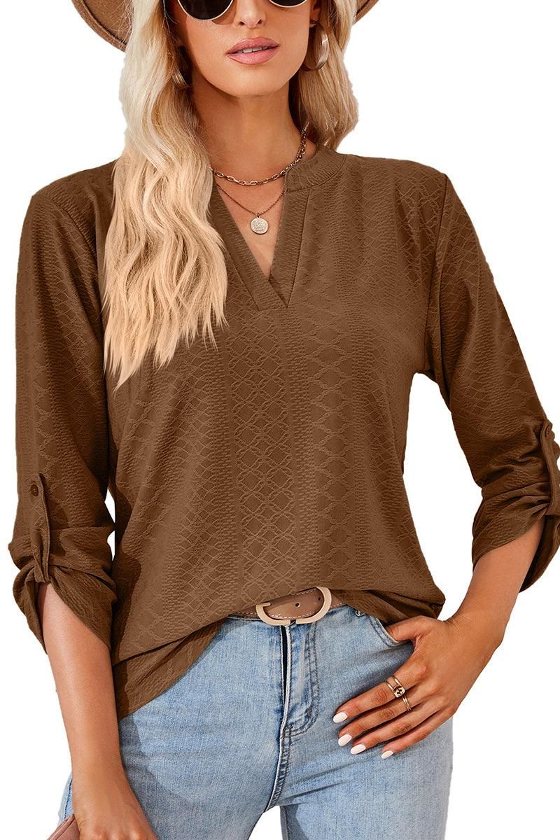 THREE QUARTER SLEEVE V NECK TOP - Doublju