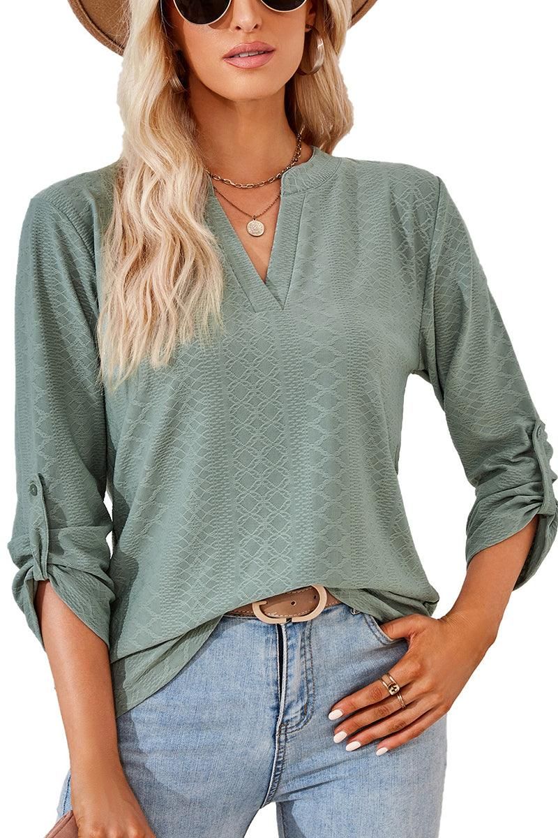 THREE QUARTER SLEEVE V NECK TOP - Doublju