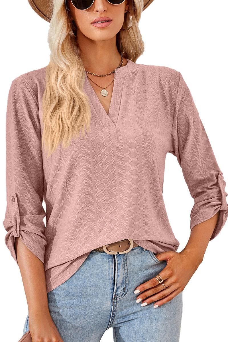 THREE QUARTER SLEEVE V NECK TOP - Doublju