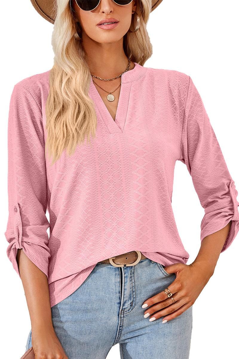 THREE QUARTER SLEEVE V NECK TOP - Doublju