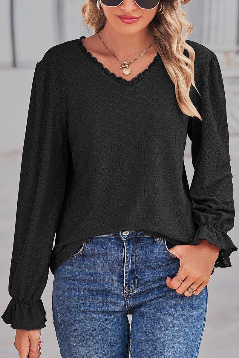 WOMEN LACE TRIM NECK EYELET LONG SLEEVE SHIRT TOP