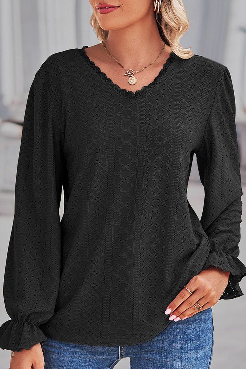 WOMEN LACE TRIM NECK EYELET LONG SLEEVE SHIRT TOP