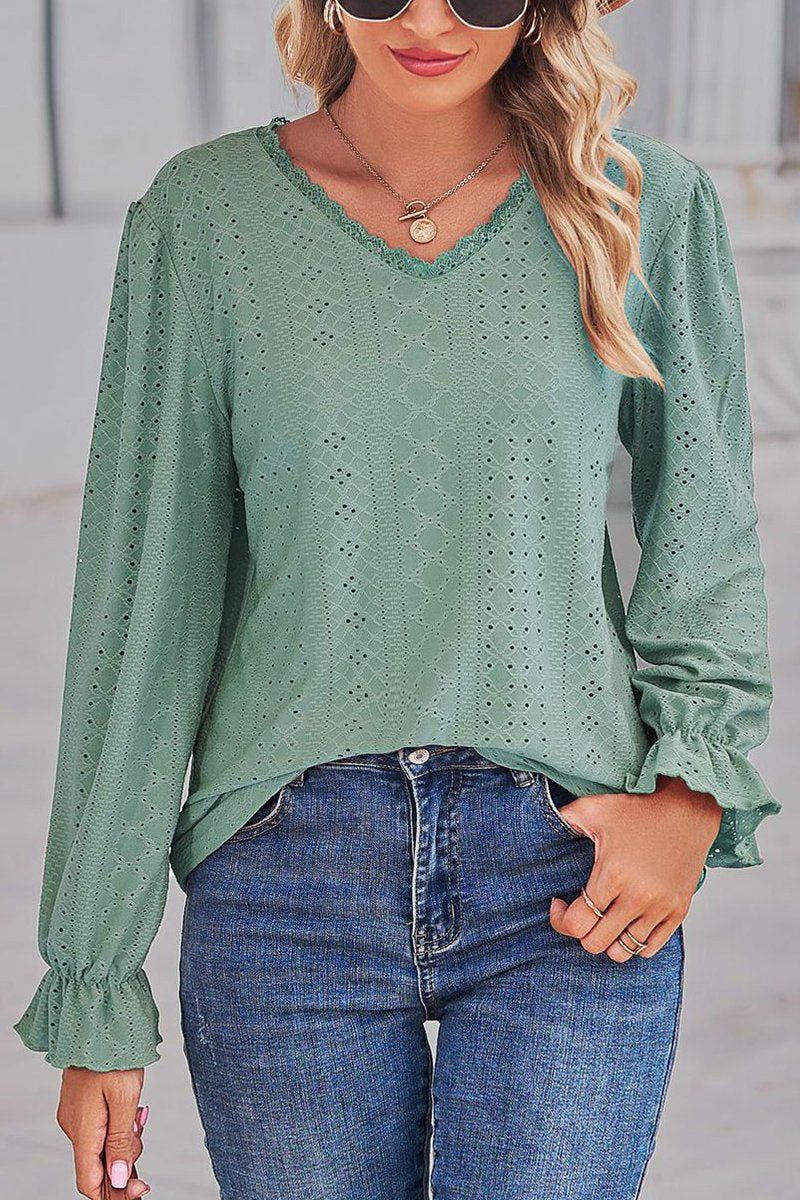 WOMEN LACE TRIM NECK EYELET LONG SLEEVE SHIRT TOP