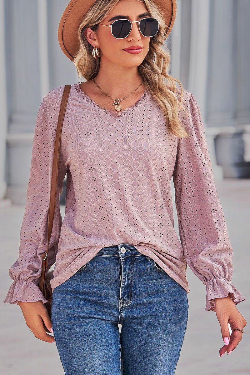 WOMEN LACE TRIM NECK EYELET LONG SLEEVE SHIRT TOP