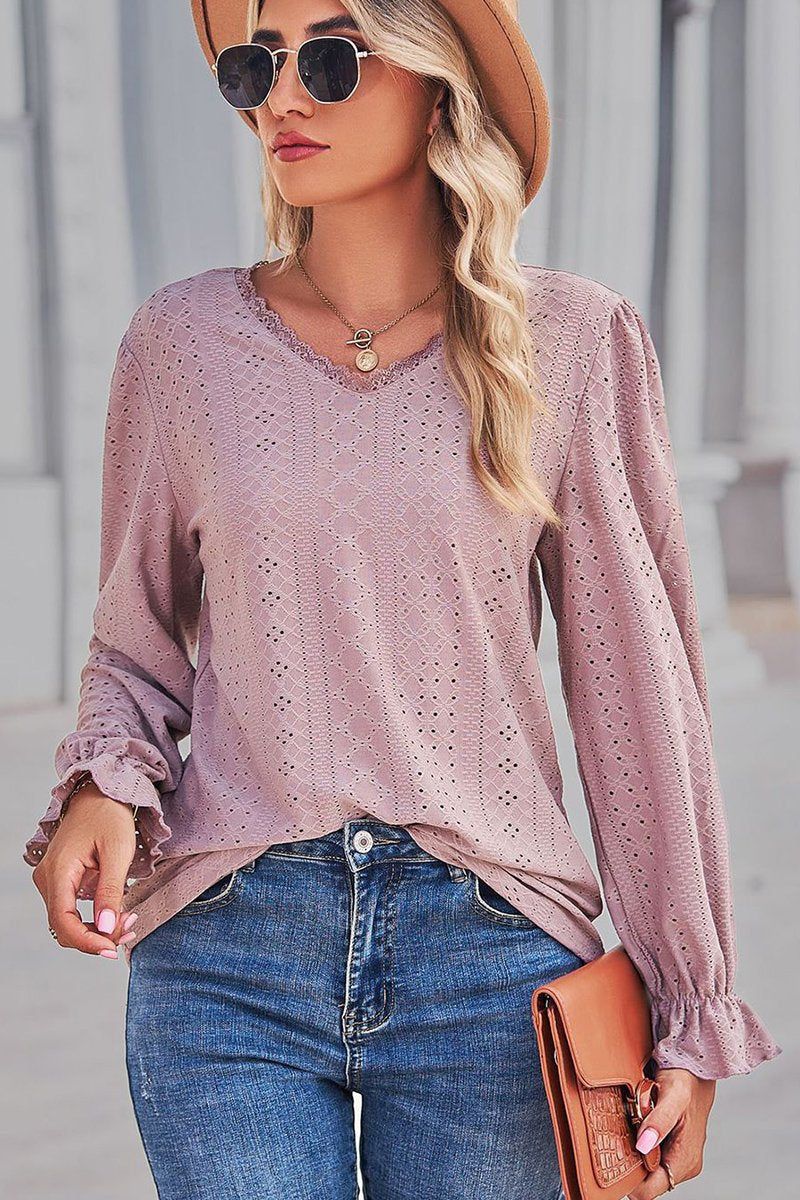 WOMEN LACE TRIM NECK EYELET LONG SLEEVE SHIRT TOP