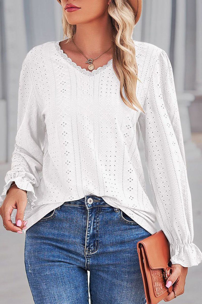 WOMEN LACE TRIM NECK EYELET LONG SLEEVE SHIRT TOP