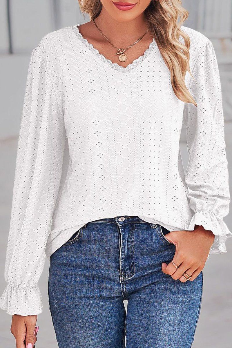 WOMEN LACE TRIM NECK EYELET LONG SLEEVE SHIRT TOP