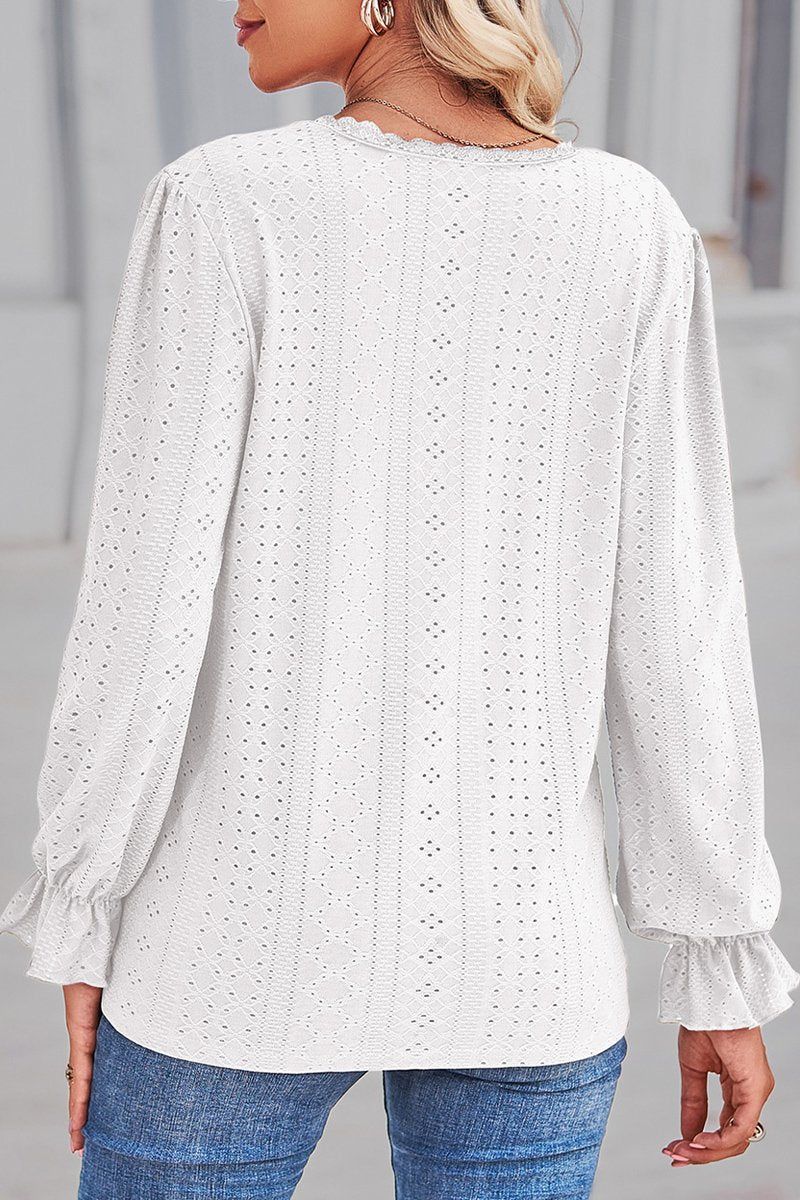 WOMEN LACE TRIM NECK EYELET LONG SLEEVE SHIRT TOP